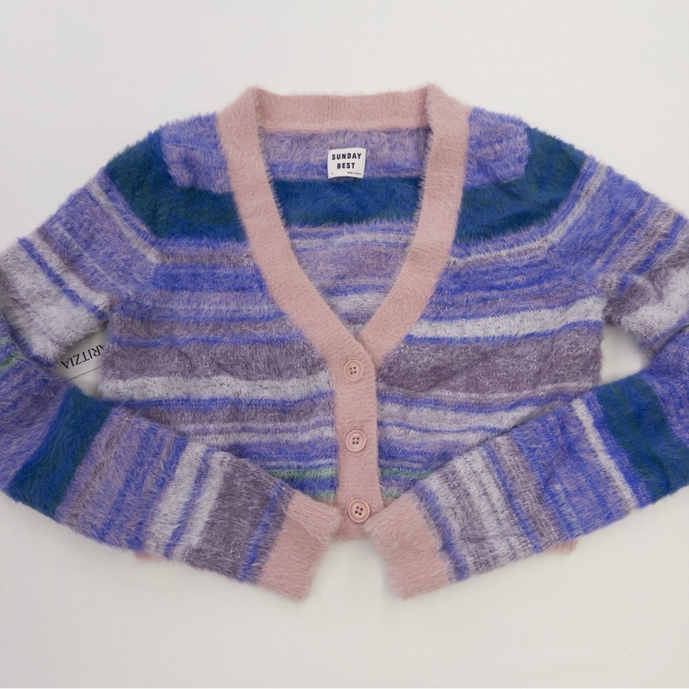 Aritzia Sunday Best Striped Fuzzy Cardigan in Lavender, Mauve & Navy